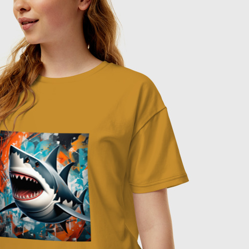 Женская футболка хлопок Oversize Зубастая акула, цвет горчичный - фото 3