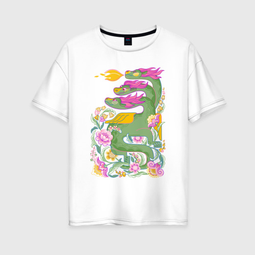Женская футболка из хлопка оверсайз с принтом Змей Горыныч: добрый русский дракон, вид спереди №1