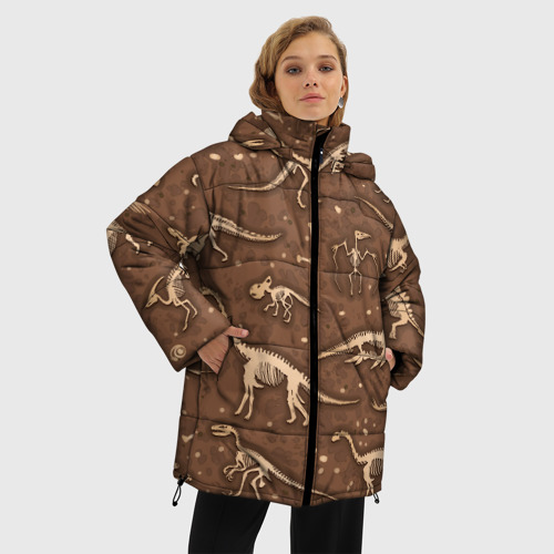 Женская зимняя куртка 3D с принтом Dinosaurs bones, фото на моделе #1