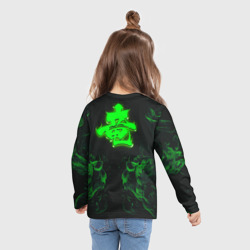 Лонгслив с принтом Зеленый дракон с эффектом свечения для ребенка, вид на модели сзади №3. Цвет основы: белый