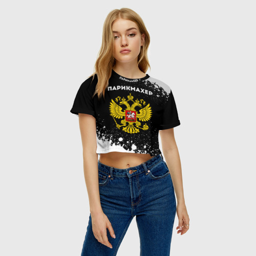 Женская футболка Crop-top 3D Парикмахер из России и герб РФ, цвет 3D печать - фото 3