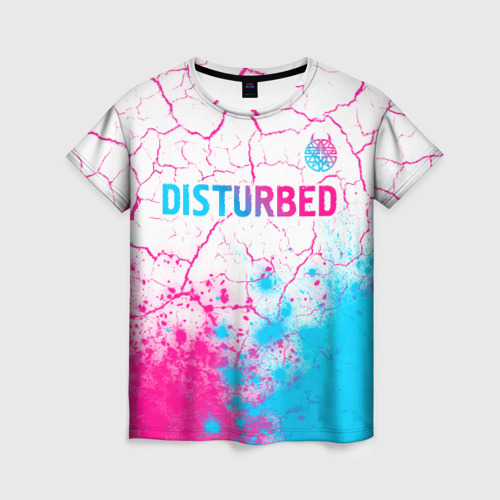Женская футболка 3D с принтом Disturbed neon gradient style посередине, вид спереди #2
