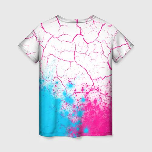 Женская футболка 3D с принтом Disturbed neon gradient style посередине, вид сзади #1