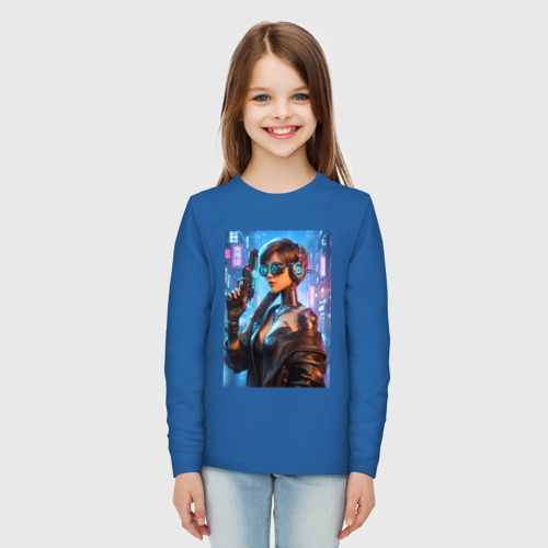 Детский лонгслив хлопок Крутая девчонка с пистолетом - киберпанк, цвет синий - фото 5