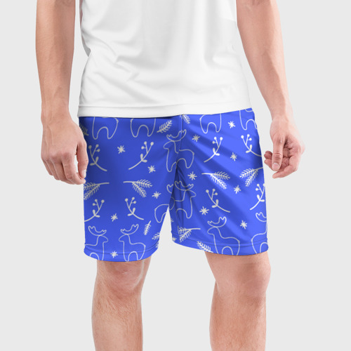 Мужские шорты спортивные Синий рождественский принт с оленями, цвет 3D печать - фото 3