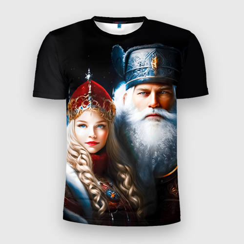 Мужская футболка 3D Slim с принтом Дед Мороз и Снегурочка в русских нарядах, вид спереди #2