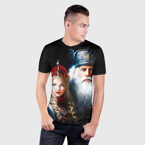 Мужская футболка 3D Slim с принтом Дед Мороз и Снегурочка в русских нарядах, фото на моделе #1