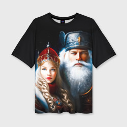 Женская футболка oversize 3D Дед Мороз и Снегурочка в русских нарядах