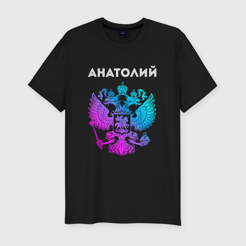 Мужская футболка хлопок Slim Анатолий и неоновый герб России в центре, цвет черный