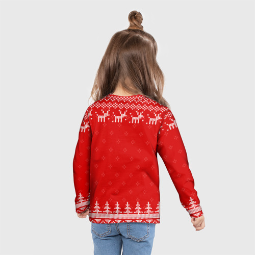 Детский лонгслив 3D с принтом Новогодняя Татьяна: свитер с оленями, вид сзади #2