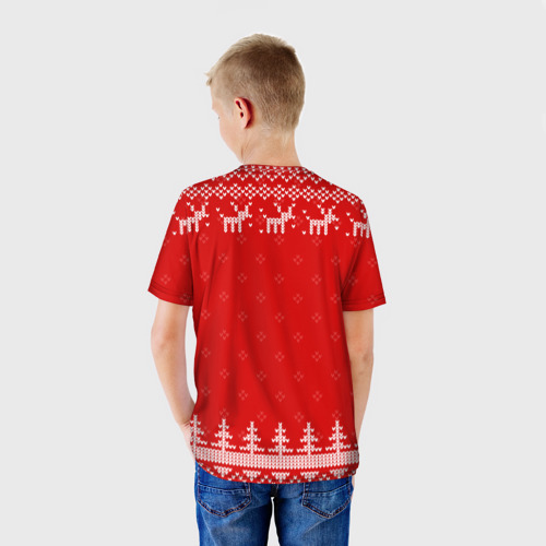 Детская футболка 3D с принтом Новогодняя Татьяна: свитер с оленями, вид сзади #2