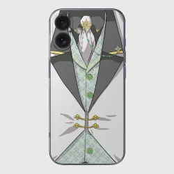 Чехол для iPhone 16 силиконовый с защитой камеры Белый мультяшный фрак с шейным платком