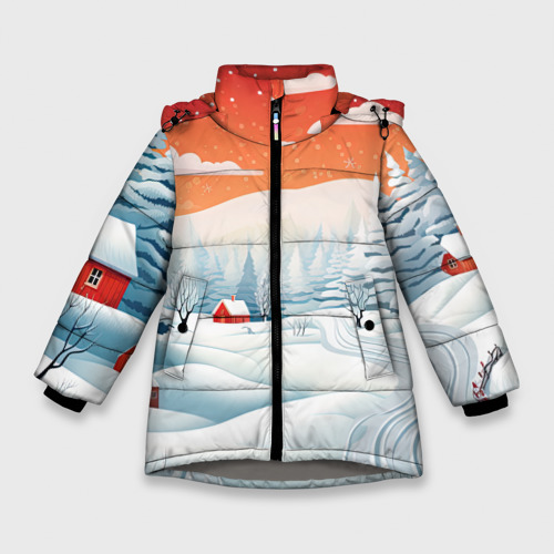 Зимняя куртка для девочек 3D с принтом Зимнее очарование, вид спереди #2