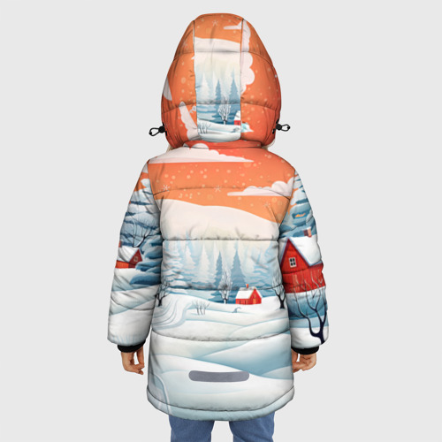 Зимняя куртка для девочек 3D с принтом Зимнее очарование, вид сзади #2
