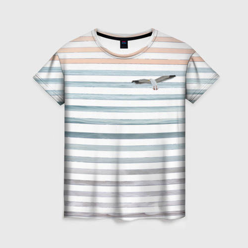 Женская футболка 3D с принтом Море скрытое в полосках тельняшки  чайка, вид спереди #2