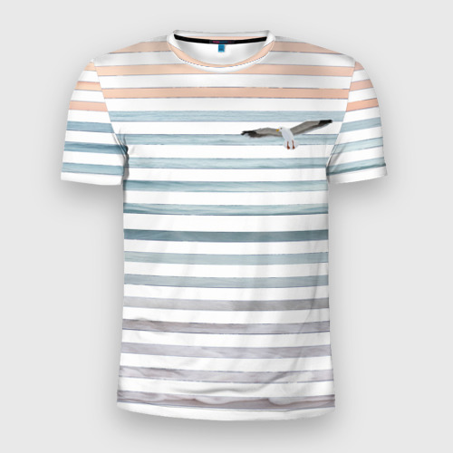 Мужская приталенная футболка с принтом Море скрытое в полосках тельняшки  чайка, вид спереди №1
