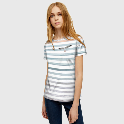 Женская футболка 3D с принтом Море скрытое в полосках тельняшки  чайка, фото на моделе #1