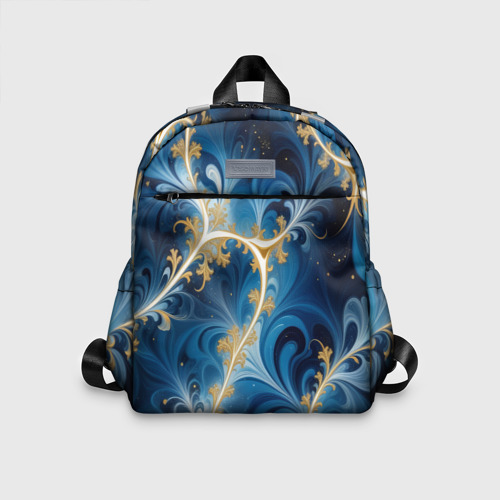 Детский рюкзак 3D с принтом Глубокая синева и золотые узоры, вид спереди #2