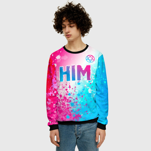 Мужской свитшот 3D HIM neon gradient style посередине, цвет черный - фото 3