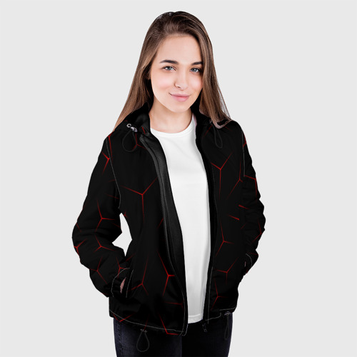 Женская куртка 3D с принтом Красный кибер узор, вид сбоку #3