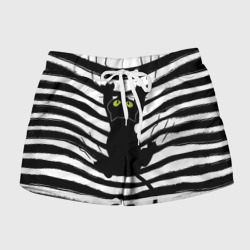 Женские шорты 3D Чёрный кот съезжает с полосок черно белой тельняшки 