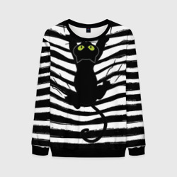 Мужской свитшот 3D Чёрный кот съезжает с полосок черно белой тельняшки 