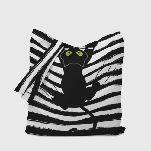 Шоппер 3D Чёрный кот съезжает с полосок черно белой тельняшки  - фото 4