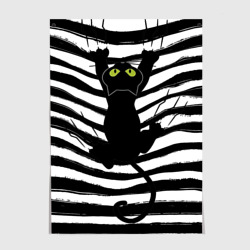 Постер Чёрный кот съезжает с полосок черно белой тельняшки 