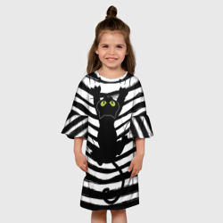 Детское платье 3D Чёрный кот съезжает с полосок черно белой тельняшки  - фото 2