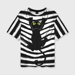 Женская футболка oversize 3D Чёрный кот съезжает с полосок черно белой тельняшки 