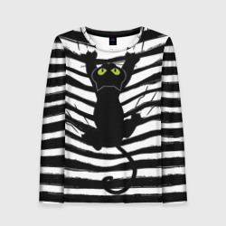 Женский лонгслив 3D Чёрный кот съезжает с полосок черно белой тельняшки