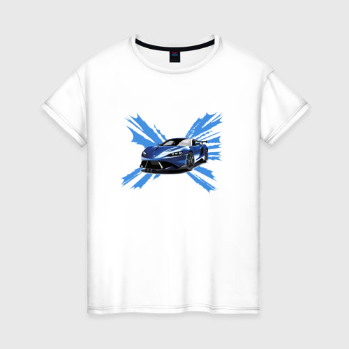 Женская футболка хлопок с принтом Синий спорткар, вид спереди #2