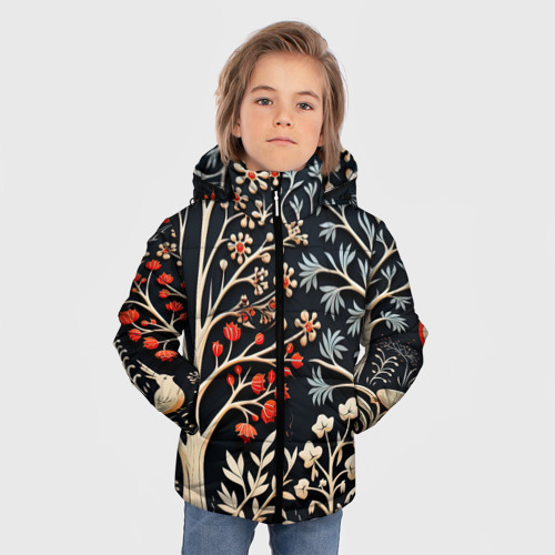 Зимняя куртка для мальчиков 3D с принтом Новогодние узоры и деревья, фото на моделе #1