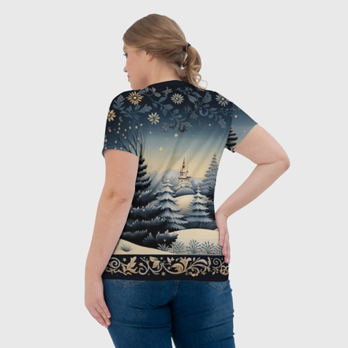 Женская футболка 3D с принтом Сияние праздника новогодний орнамент, вид сзади #2