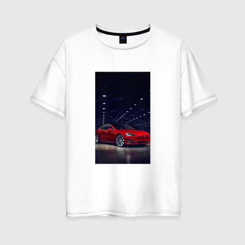 Женская футболка хлопок Oversize Машины Тесла и Тайота, цвет белый