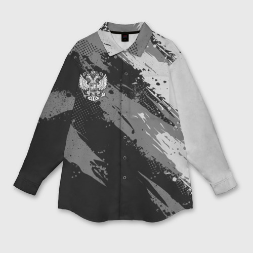 Мужская рубашка oversize 3D с принтом Герб РФ - серый монохромный, вид спереди #2