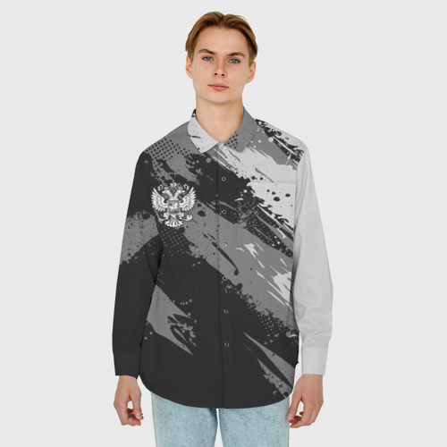 Мужская рубашка oversize 3D с принтом Герб РФ - серый монохромный, фото на моделе #1