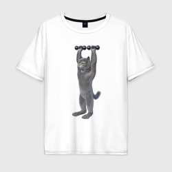 Мужская футболка хлопок Oversize Кот с гантелями вверх
