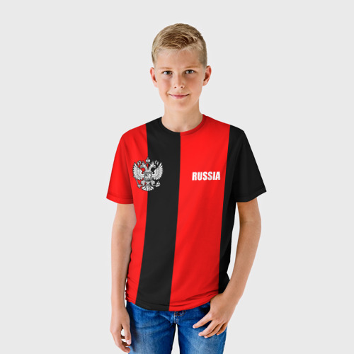 Детская футболка 3D с принтом Красный и черный - герб РФ, фото на моделе #1