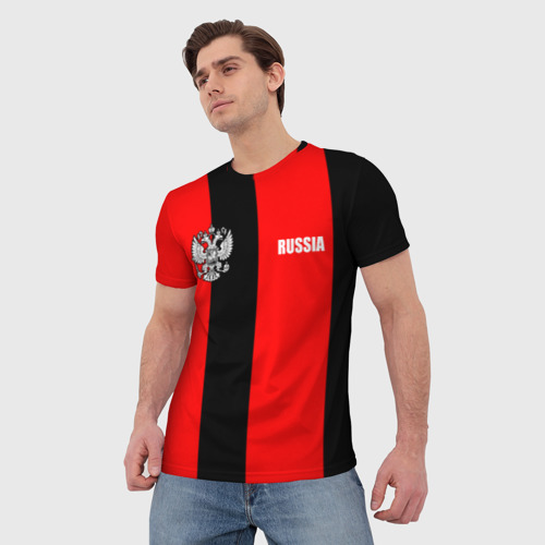 Мужская футболка 3D с принтом Красный и черный - герб РФ, фото на моделе #1