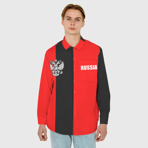 Мужская рубашка oversize 3D с принтом Красный и черный - герб РФ, фото на моделе #1