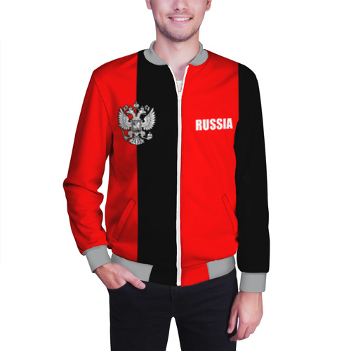 Мужской бомбер 3D с принтом Красный и черный - герб РФ, фото на моделе #1