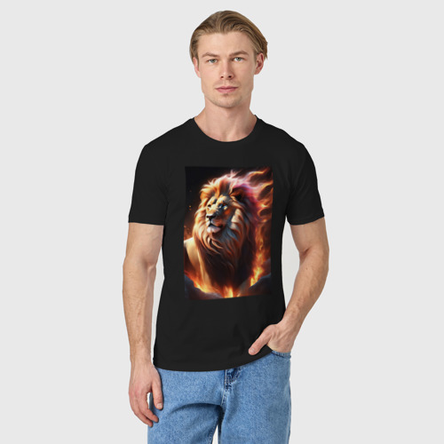 Мужская футболка хлопок Лев с огненной гривой - нейросеть , цвет черный - фото 3