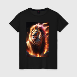 Женская футболка хлопок Лев с огненной гривой - нейросеть 