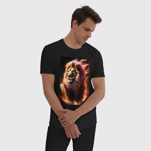 Мужская пижама хлопок Лев с огненной гривой - нейросеть , цвет черный - фото 3