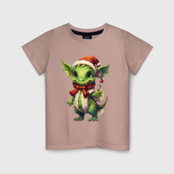 Детская футболка хлопок Зеленый дракон в новогоднем колпачке