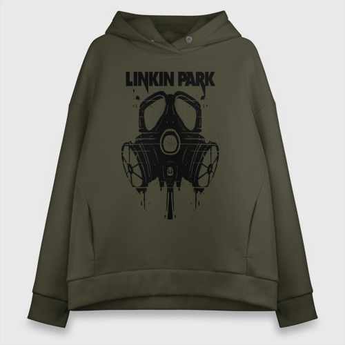 Женское худи Oversize хлопок с принтом Linkin Park - gas mask, вид спереди #2