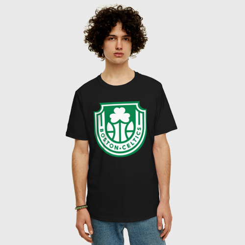 Мужская футболка хлопок Oversize с принтом Boston Celtics team, фото на моделе #1
