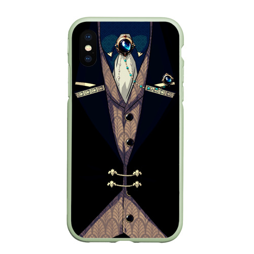 Чехол для iPhone XS Max матовый Фрак  тёмный с цепочками и брошью, цвет салатовый