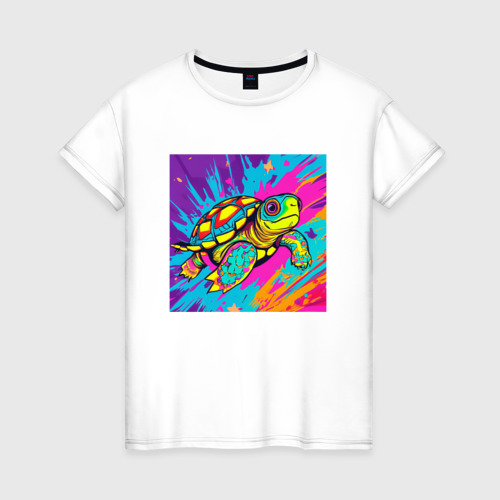 Женская футболка из хлопка с принтом Черепаха в стиле поп арт, вид спереди №1